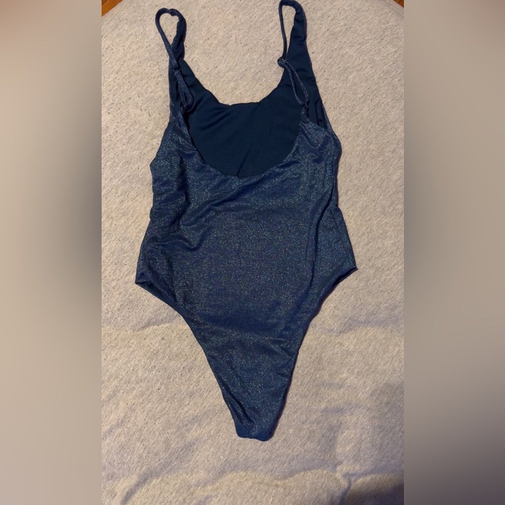 Large one-piece blue shimmer swimsuit, worn once pet friendly house, cats only - Picture 3 of 3